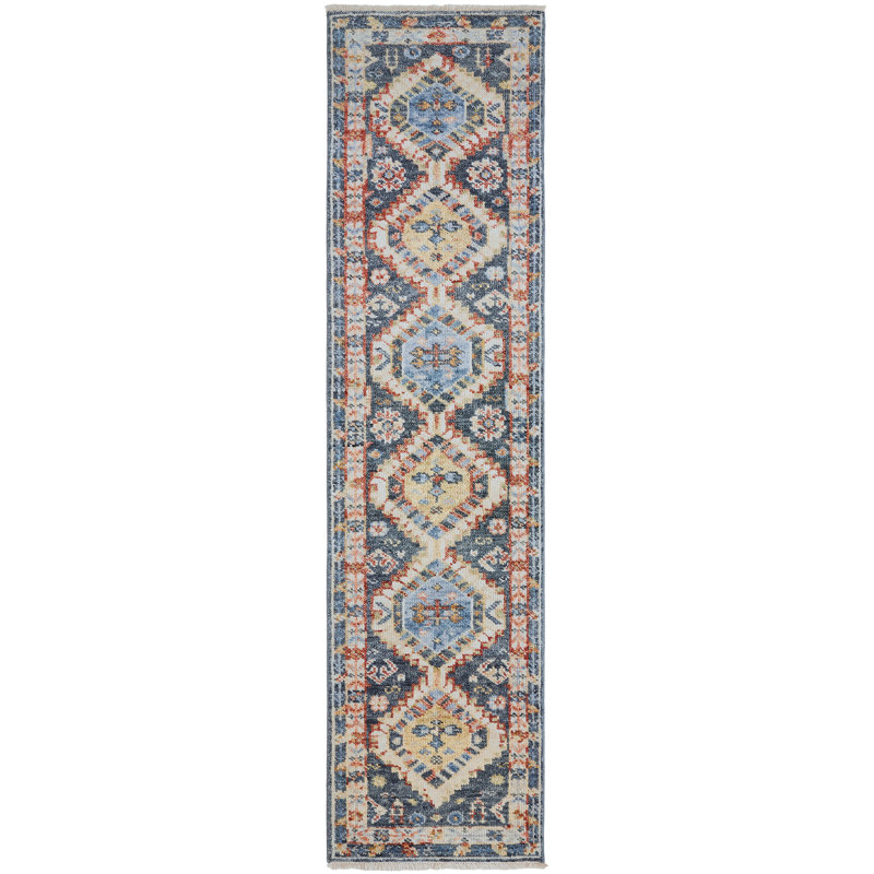 Tapis en laine Pepa, Bleu/Ivoire, Tapis de couloir 2 pi 6 po x 10 pi