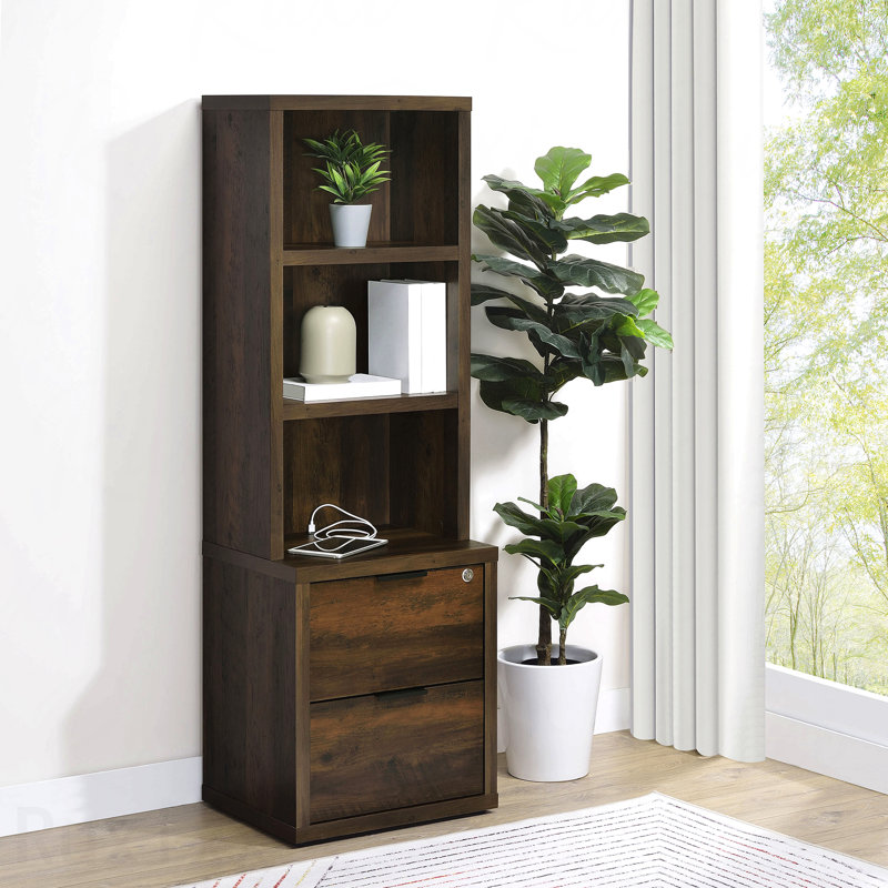 Bibliothèque à 3 tablettes en pin foncé avec tiroir verrouillable pour le rangement de la chambre à coucher, Marron foncé