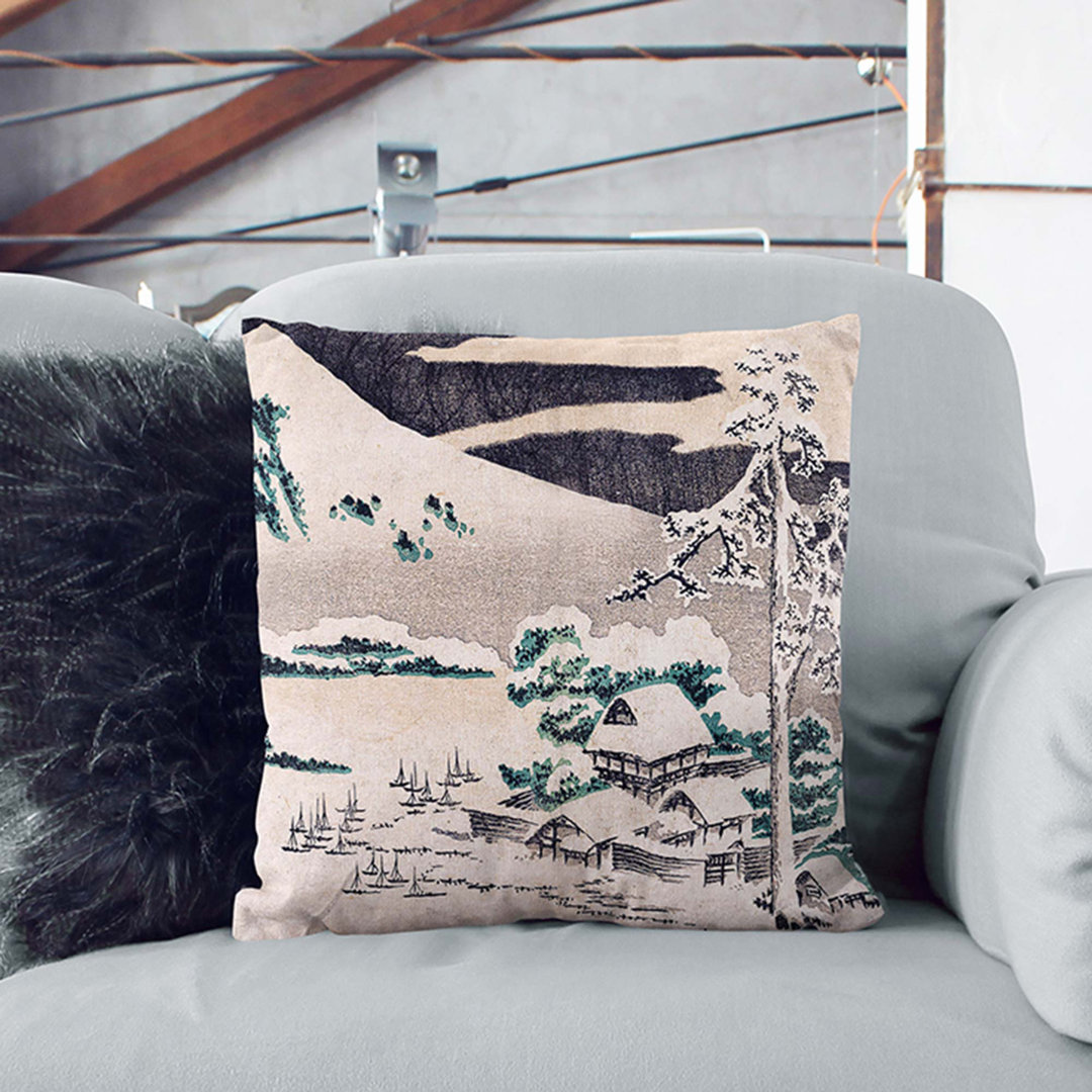 Seaside Village in Winter by Katsushika Hokusai Cushion with Filling