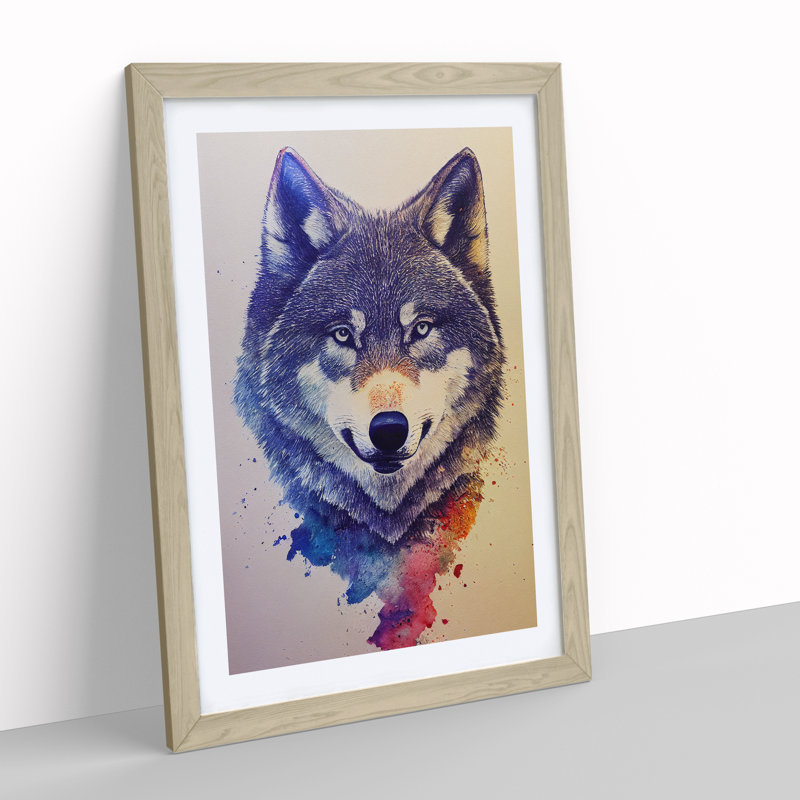 Painted Wolf No.6 - Wall Art, 34cm H x 25cm W, Oak Framed, White