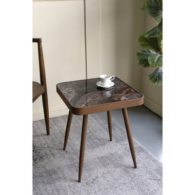 Table d'appoint carrée 17,3 x 17,3 x 18 po avec plateau en verre, motif marbré et pieds en fer doré