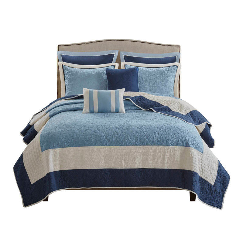 Ensemble de courtepointe 7 pièces double / grand 7 pièces avec taies décoratives européennes et coussins décoratifs, bleu marine