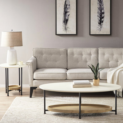 Table basse ovale avec couche supérieure blanche et tablette naturelle, base en métal incluse, et support naturel et solide, salon