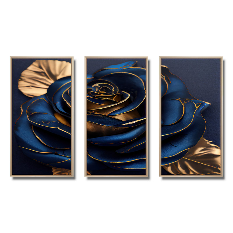 «Gilded Rose in Kings Blue III», reproduction de cadre flottant sur toile 3 pièces, H 28 po x l 36 po x P 1 po, Naturel