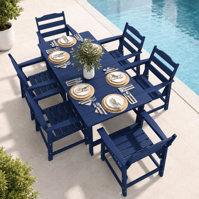 7-Piece HDPE Outdoor Patio Dining Set with Rectangular Table, Umbrella Hole and Armchairs, All-Weather Patio Furniture