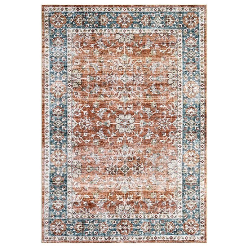 Large Dining Room Rug 8x10 Vintage Floral Accent Rug with Non-Slip Backing, Ultra-Soft Low Pile Floor Cover, Non-Shedding Foldable Print Indoor Carpet for Bedroom, Kitchen, Orange Red