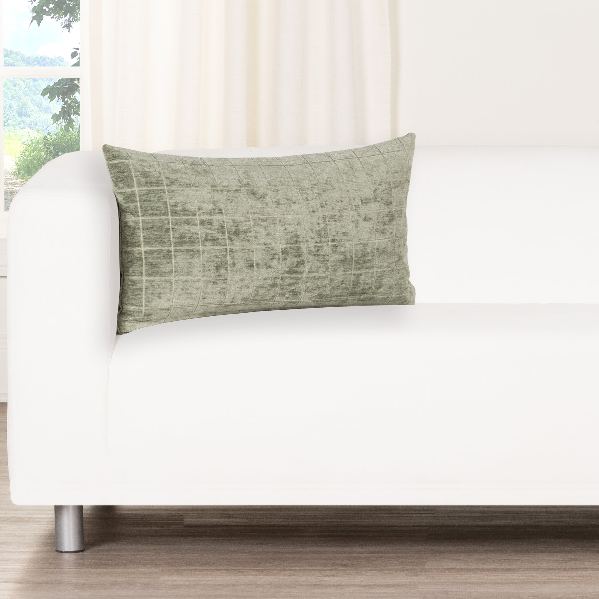 Otterville Velvet Grid Lumbar Pillow, Green Geometric, Polyester, 14"H x 26"W