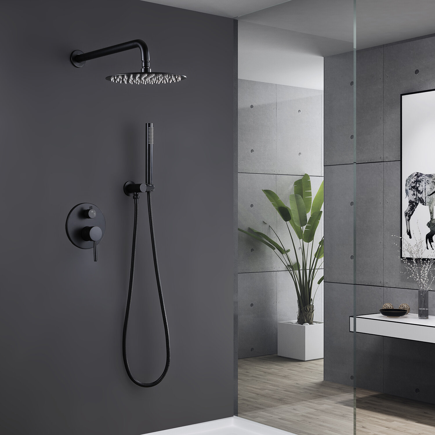 Homelody black shower system with LED temperature display. Adjustable