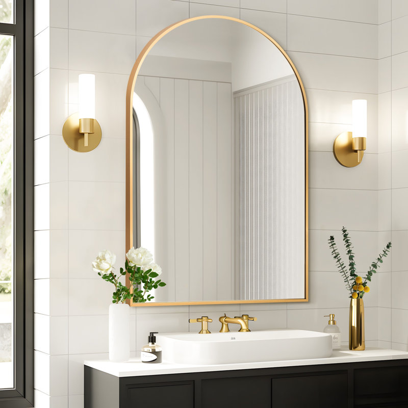 91×61 cm Arched Metal Framed Wall Mirror Bathroom Mirror Overmantle Mirror, Gold