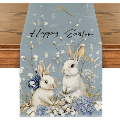 Bunny Rabbit Hydrangea Happy Easter Table Runner, Seasonal Spring Kitchen Dining Table Decoration For Home Party Decor 13X72 Inch