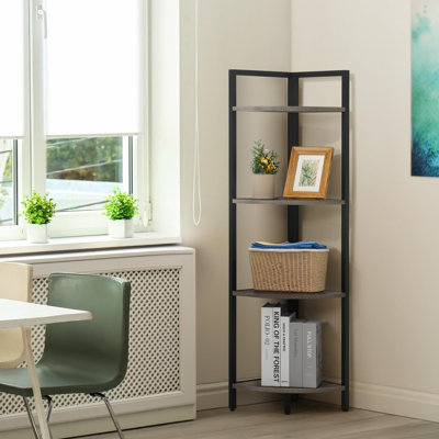 Étagère d'angle à 4 niveaux, bibliothèque de 46,5 po de hauteur, présentoir avec cadre en métal, étagère ronde, petit support pour salle de bain, salon, maison, bureau, gris foncé