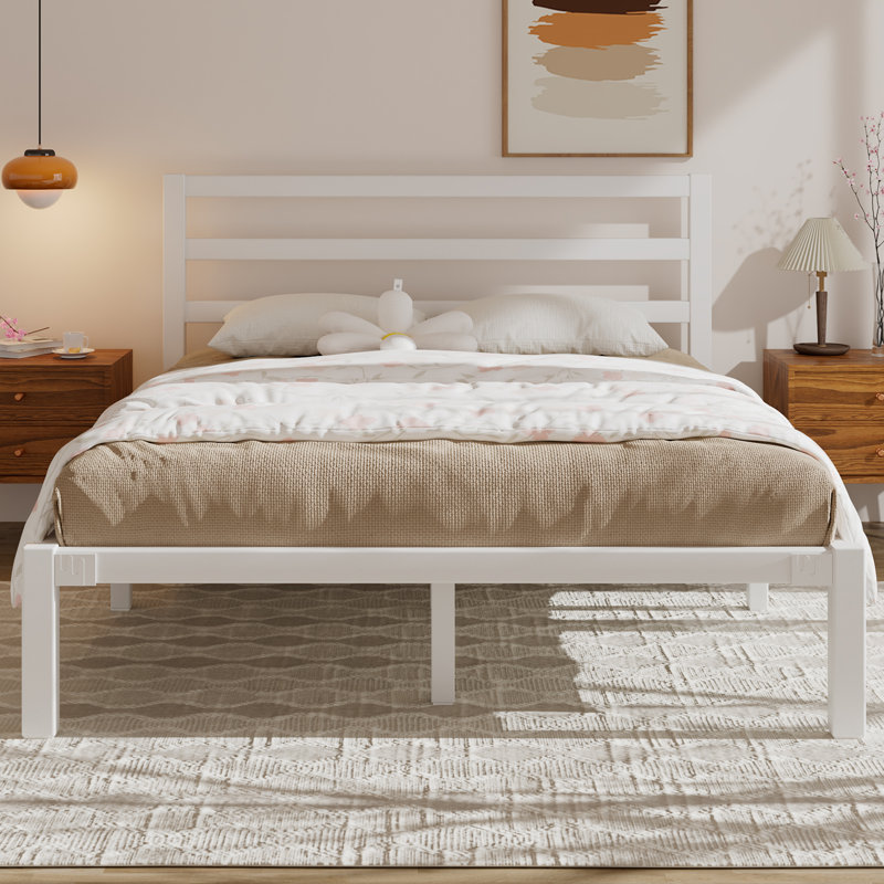 Lavallee Bed Frame with Simple Style Headboard, Solid Steel Slat Support, Enough Storage Space, White, Queen