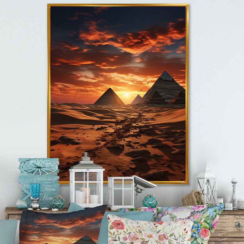 Égypte, pyramides dorées II - salon égyptien, H 40 po x l 30 po x P 1,5 po, Cadre flottant doré