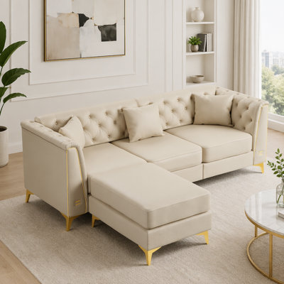 Canapé Chesterfield modulaire 1 place léger avec repose-pieds, similicuir et pieds en métal Light