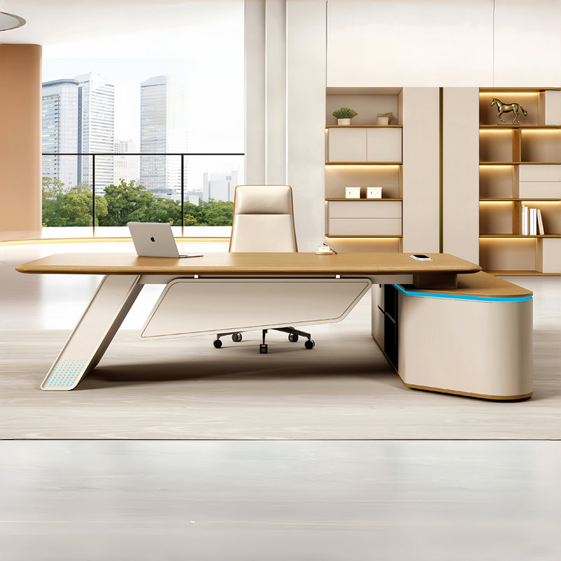 Bureau 110,24 "moderne en forme de L à panneau de particules brun, H 29,53 po x l 110,24 po x P 86,61 po