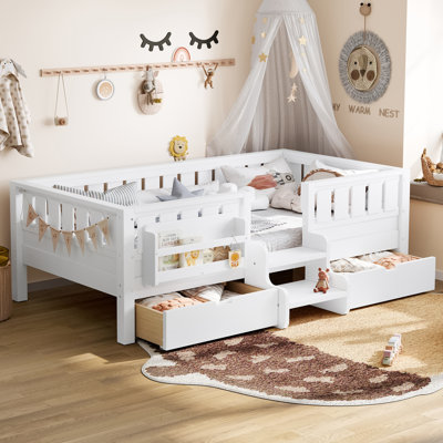 Lit simple pour enfants avec escaliers, rails et lattes, lit simple avec bibliothèque Montessori et 2 tiroirs de rangement, structure facile à assembler, blanc