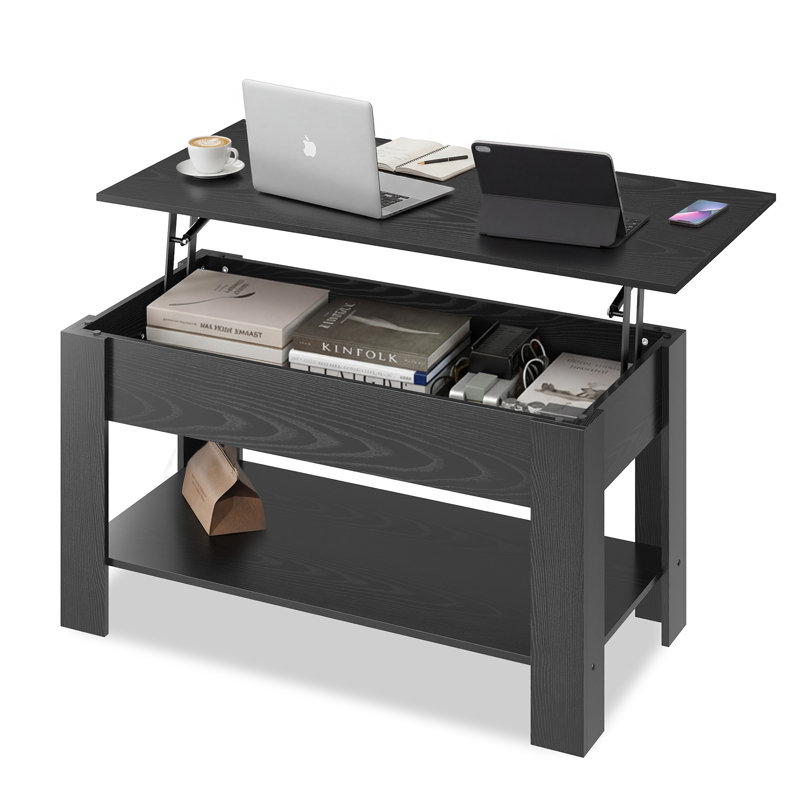 Table basse à plateau relevable Sparta avec rangement et tablette ouverte, table basse moderne, table basse carrée pour le salon et le bureau personnel