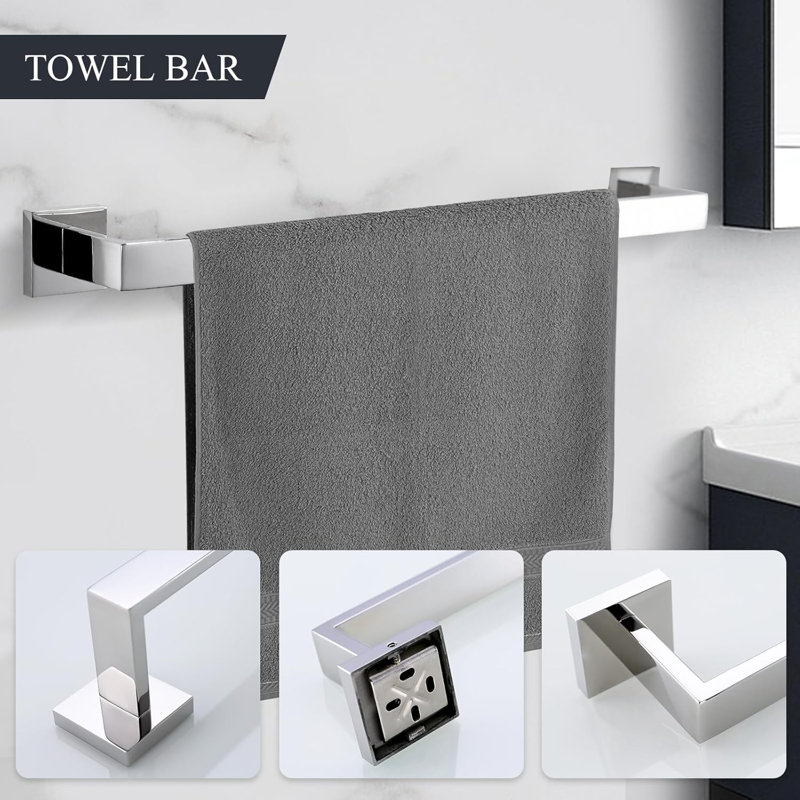 5-Piece Bathroom Towel Bar Set - SUS304 Stainless Steel Wall Mounted Towel Holder With Square Design, Includes Towel Ring, Tissue Holder And Hooks