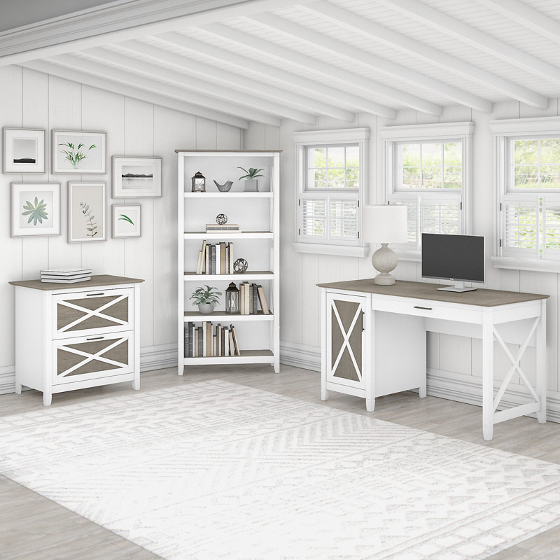 Huckins 3 Piece Computer Desk Office Set, Shiplap Gray/White