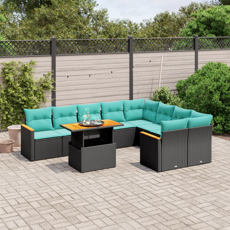  Ensemble de canapé de patio 10 pièces avec coussins en rotin de polyester, Noir, Vert