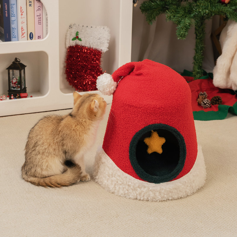 Santa Hat–Shaped Cozy Cat Cave & Christmas Hat Pet Bed