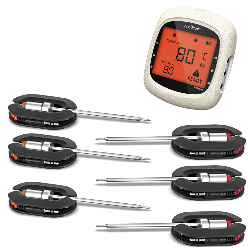 Nutrichef Bluetooth Meat Thermometer For Grilling And Smoking With 6 Wireless Meat Probes, 6 Channels With Lcd Display