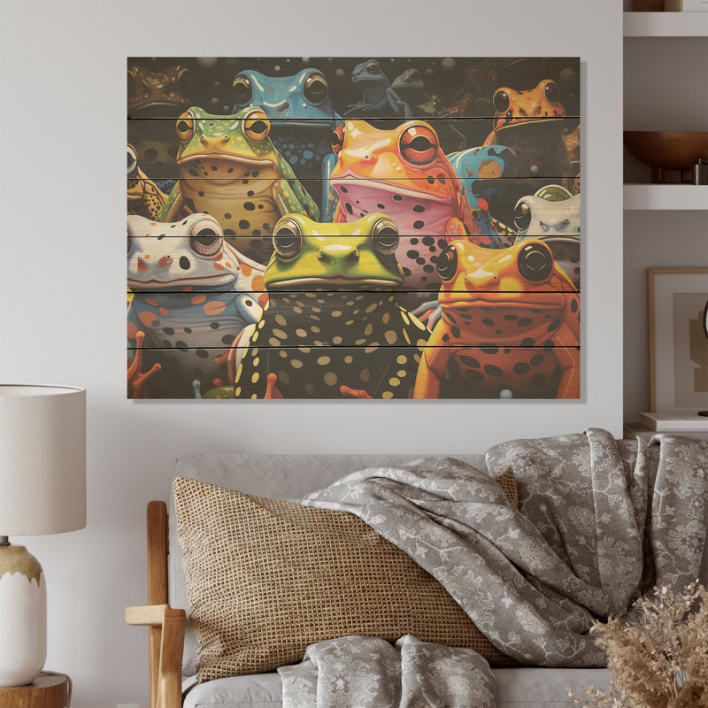 Art mural multicolore grenouilles - grenouilles et crapauds sur bois de pin naturel, H 10 po x l 20 po