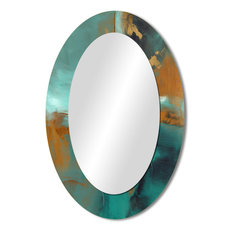 Teal Balance I - Miroir décoratif ovale abstrait sur métal, 36 po x 24 po