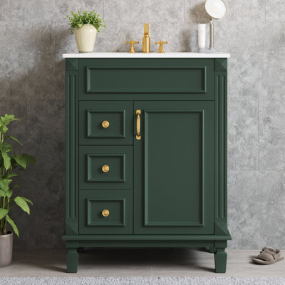 Meuble-lavabo 24 po avec lavabo en céramique, armoire verte d'inspiration française, 2 tiroirs et tablette réglable pour espaces compacts