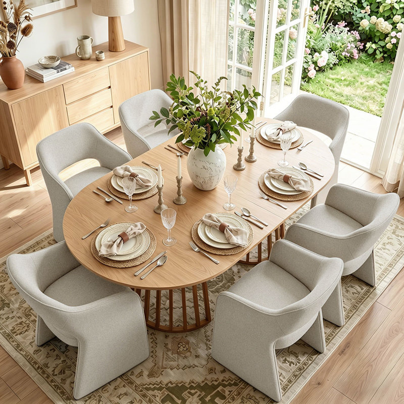Ensemble de table de salle à manger pour 6 personnes avec table ovale extensible et 6 chaises rembourrées imperméables, Beige