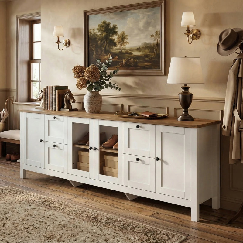 Armoire à chaussures horizontale 90,6 po avec 4 tiroirs et portes en verre