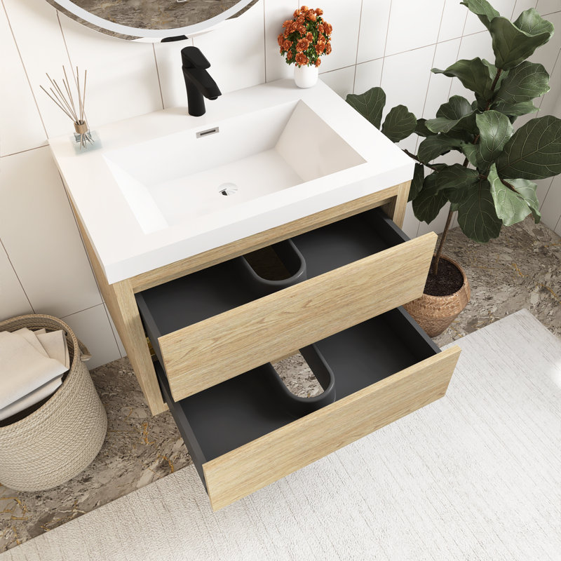 Meuble-lavabo mural 30 po avec lavabo, Bois de chêne naturel