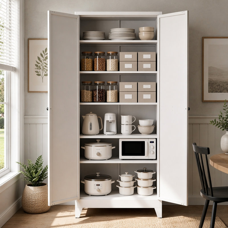 Armoire de cuisine 75 po en métal avec 5 tablettes réglables, capacité de 180 lb, rangement autoportant pour la cuisine et la salle à manger
