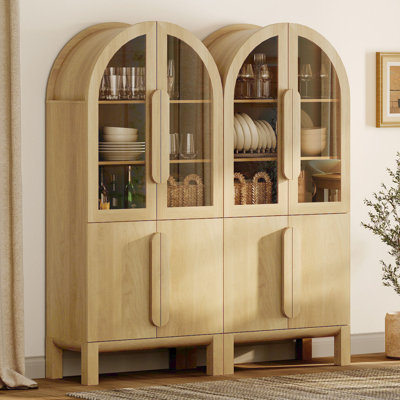 2-In-1 71" Tall Arched Kitchen Pantry Cabinet, Wood Bookcase Display Cabinet With Glass Doors And Adjustable Shelves, Mid-Century Modern Versatile Cupboard For Dining Room, Bedroom