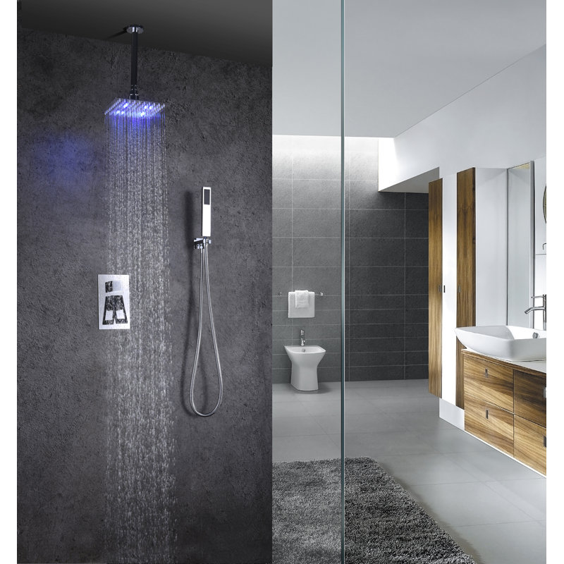 Sumerain Modern Shower System with LED Ultra-Thin Square Rain Ceiling Showerhead, Wall-Mount Single Handle Shower System with Hand Shower, Chrome 
