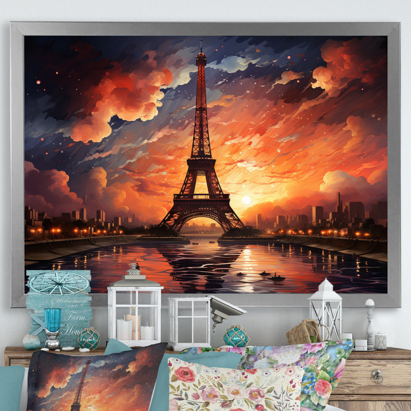 «Majestic Sunset by The Eiffel Tower In Paris», reproduction sur toile, H 12 po x l 20 po x P 1 po, Cadre simple argenté