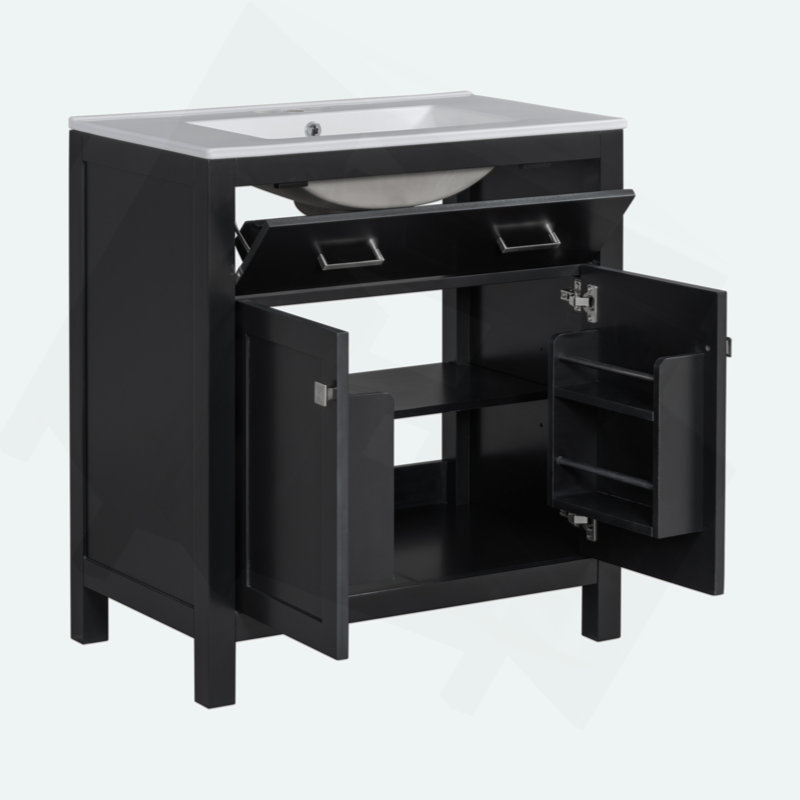 Meuble-lavabo de 30 po avec lavabo en céramique, armoire de salle de bain simple moderne avec 2 portes et une tablette, portes à fermeture douce