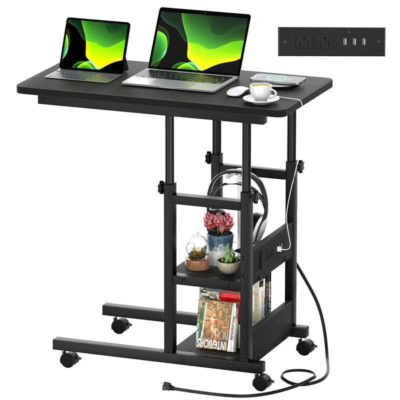 Height Adjustable C Table with USB Port and Wheels, Black