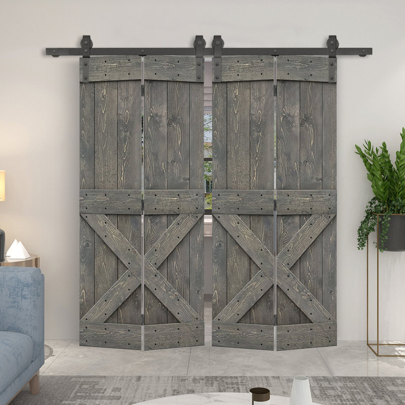 Porte de grange en bois 84 pliable avec trousse de quincaillerie d'installation, Gris patiné, 72 po x 84 po