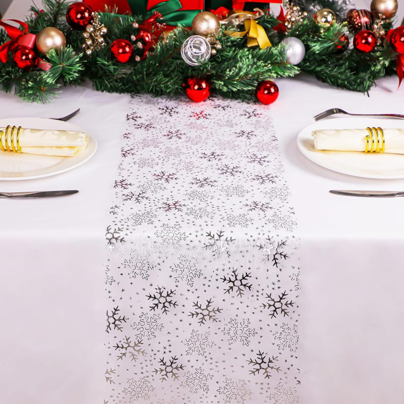 Christmas Snowflake Silver Table Runner 11 Inch x 49 Feet Sparkly Silver Foil Glitter Metallic Mesh Runners Dining Table Decorations for Seasonal Winter Xmas Festival Holiday Home Party