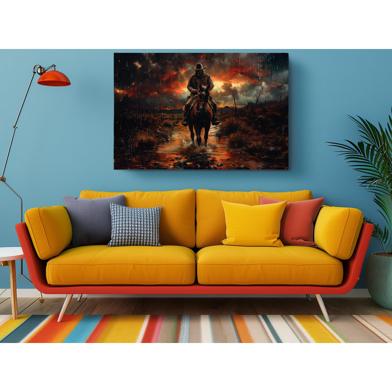 «Lone Cowboy Riding His Horse Under Rain», impression sur toile murale moderne pour la maison et le bureau, H 20 po x l 30 po