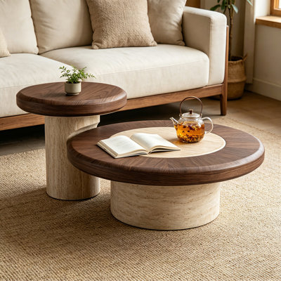 2-Piece Nesting Round Coffee Table Set, Modern Walnut Wood Top with Travertine Base, Mushroom-Shaped Accent End Tables for Living Room