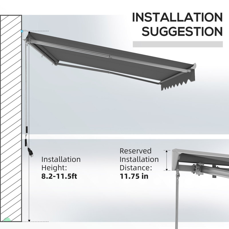 Electric Awning With LED Lights, Retractable Awning, UV40+ Sun Shade Shelter With Remote Controller And Crank Handle For Deck, Balcony, Yard