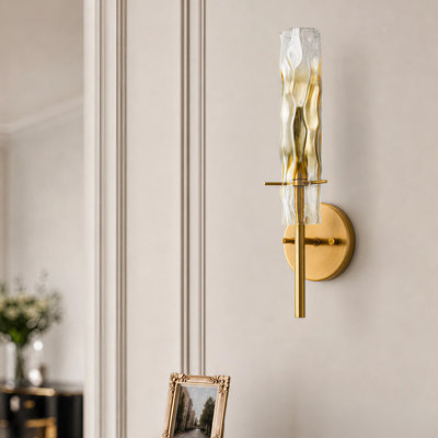 1‑Light Antique Brass Vanity Light with Clear‑to‑Amber Gradient Rippled Glass(set of 2)