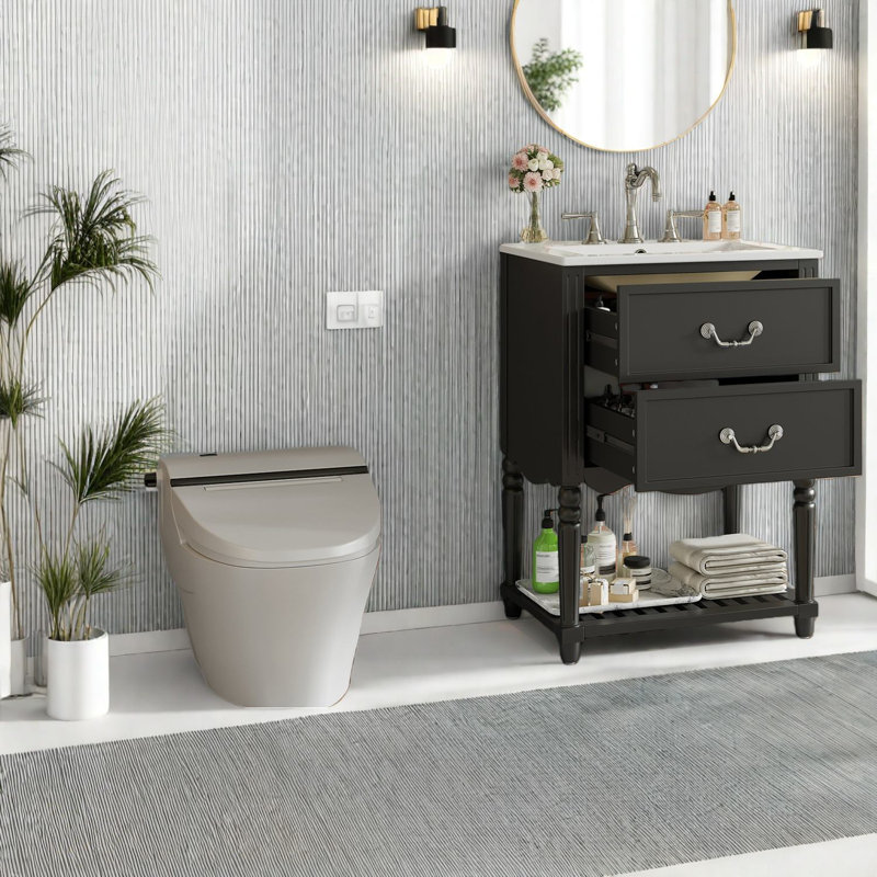 Meuble-lavabo moderne noir avec lavabo en céramique, solution de rangement élégante