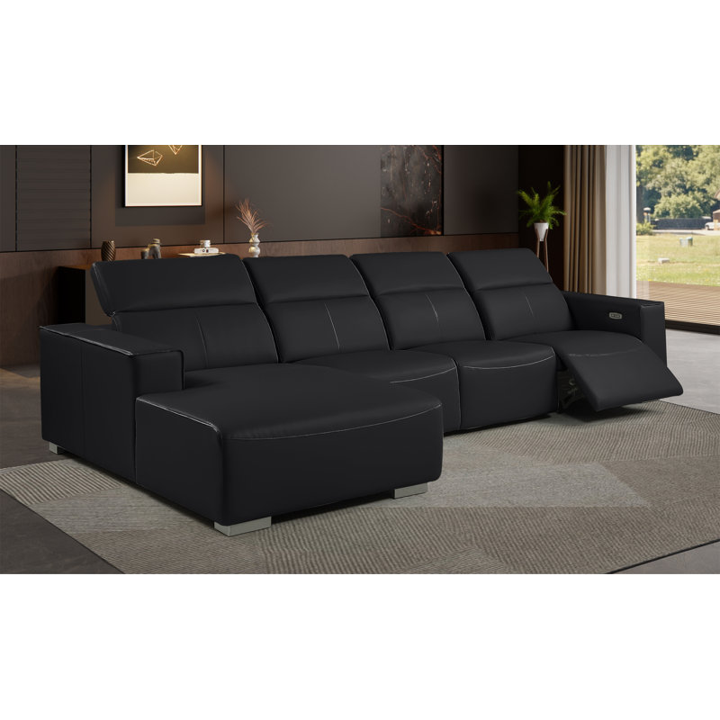 Canapé modulaire en forme de L en cuir véritable 4 pièces NOIR avec 1 fauteuil inclinable électrique et appuis-tête réglables NOIR