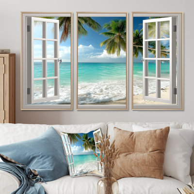 Fenêtre ouverte vue sur la plage au Mexique - ensemble d'art mural fenêtres côtières