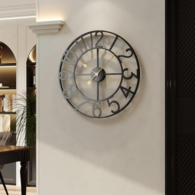 Grande horloge murale, horloge murale décorative noire de 24 pouces pour le salon, horloges murales rondes à chiffres arabes en métal modernes à piles non silencieuses pour manteau de cuisine