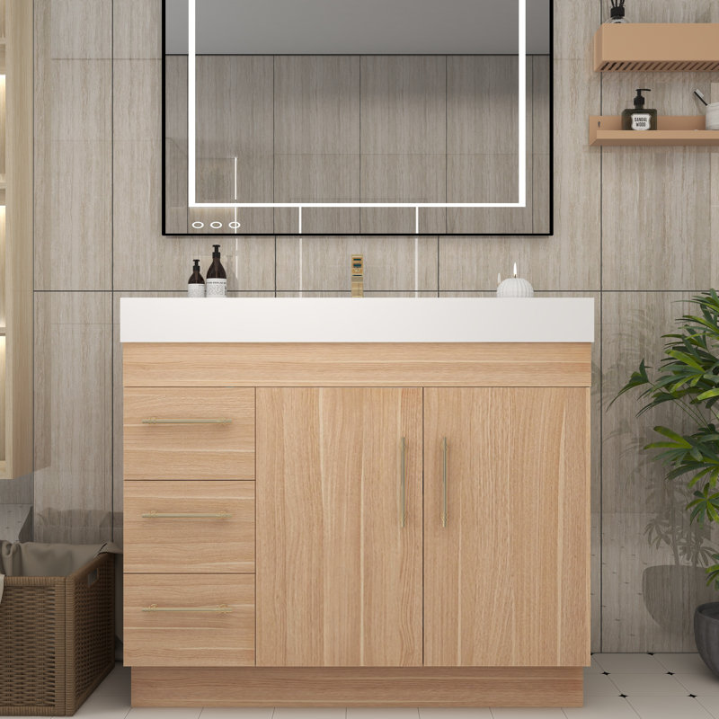 Ensemble de meuble-lavabo simple 42 po avec tiroirs et portes, Chêne champagne