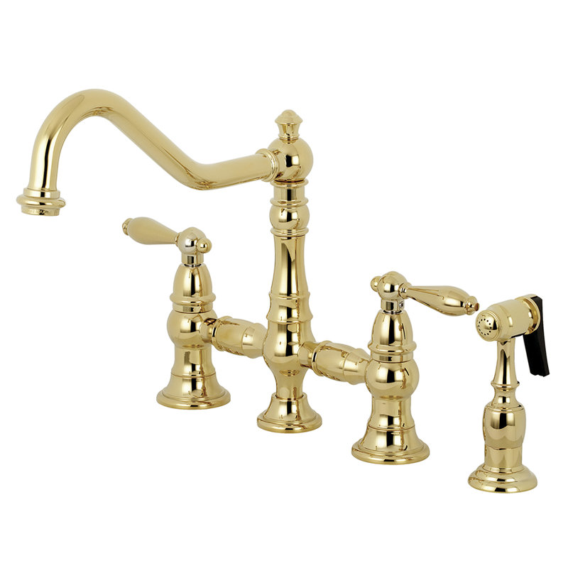 Kingston Brass Restoration Two-Handle 4-Hole Deck Mount Bridge Kitchen Faucet with Brass Side Sprayer, Polished Brass